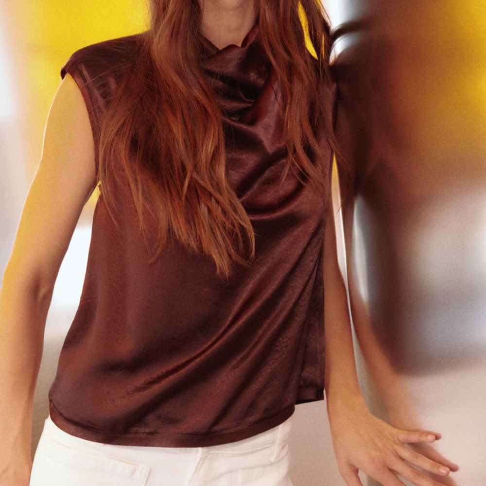 H&M Rich Brown Draped Satin Top